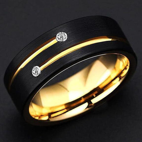 Men's 8mm Tungsten Black Gold Groove Line CZ Comfort-Fit Wedding Band